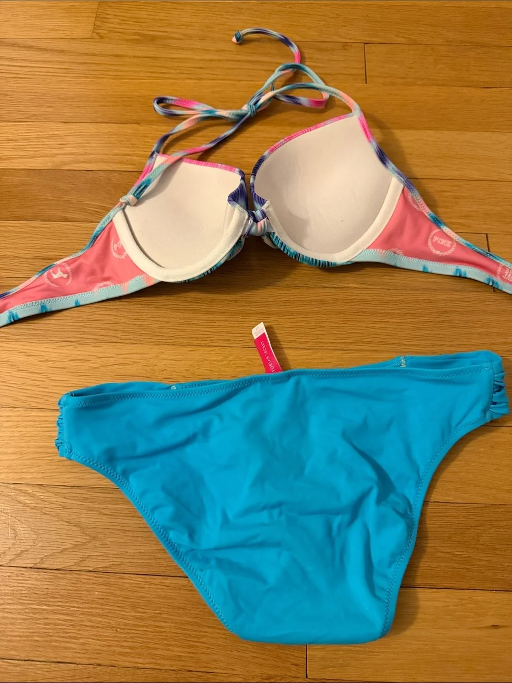 PINK Victoria's Secret Bright Turquoise Bikini Bottoms and Chevron Print top